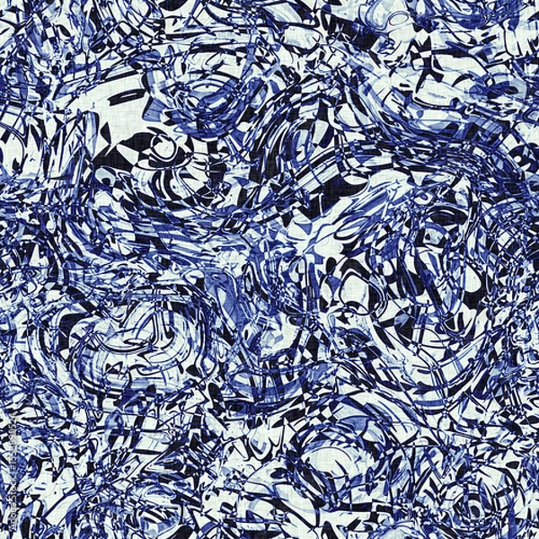 Fototapeta Dye wash indigo blue textur fabric effect background, Seamless glitch patched pattern in masculine Japanese block print style. 