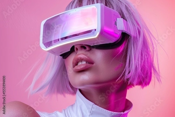 Fototapeta Woman wearing vr headset exploring virtual reality metaverse in futuristic pink environment