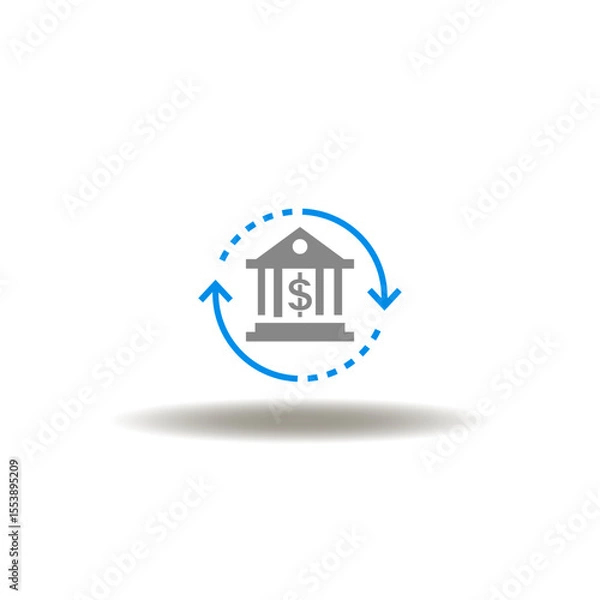 Fototapeta Vector illustration of bank building with round arrows and dollar currency. Symbol of money transfer.