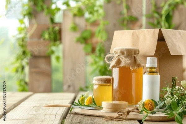 Fototapeta Jars of honey, propolis and medicinal herbs showing sustainable and ecological beekeeping