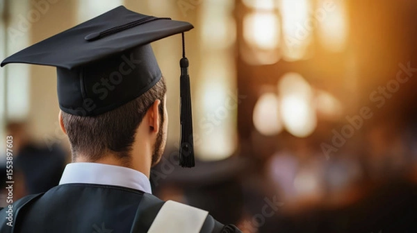 Fototapeta A person in a graduation cap and gown stands with their back to the camera, looking towards a warmly lit, blurred background, symbolizing future prospects after completing their education