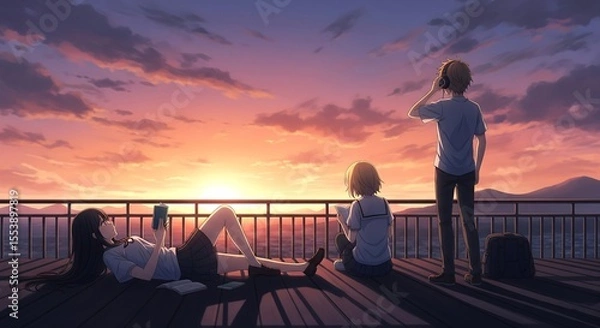Fototapeta Anime-style scene of three people enjoying a vibrant sunset from an elevated platform. One reads, one listens to music, & one studies, silhouetted against the sky.