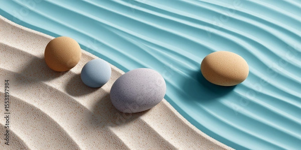 Obraz Zen-Inspired stones on abstract sand and water background. Minimalist spheres on rippling blue and sand surface, Calm and Balance