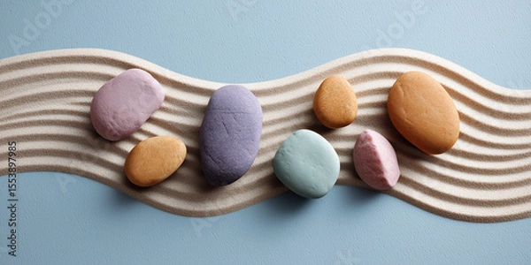 Obraz Zen-Inspired stones on abstract sand and water background. Minimalist spheres on rippling blue and sand surface, Calm and Balance