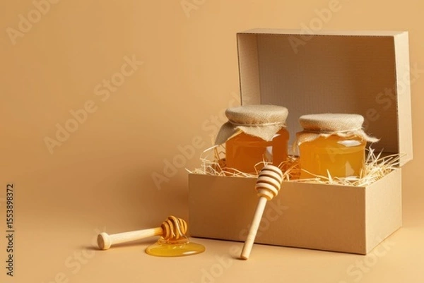 Fototapeta Honey jars with wooden dippers and cardboard box on beige background