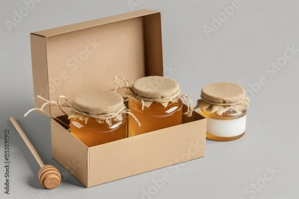 Fototapeta Honey jars inside and outside of a cardboard box with a wooden dipper