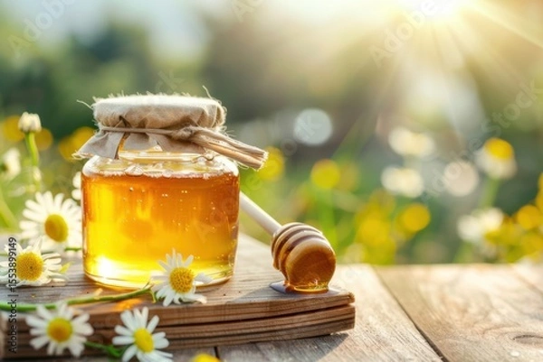 Fototapeta Honey dripping from dipper into jar on wooden table with chamomile flowers at sunset