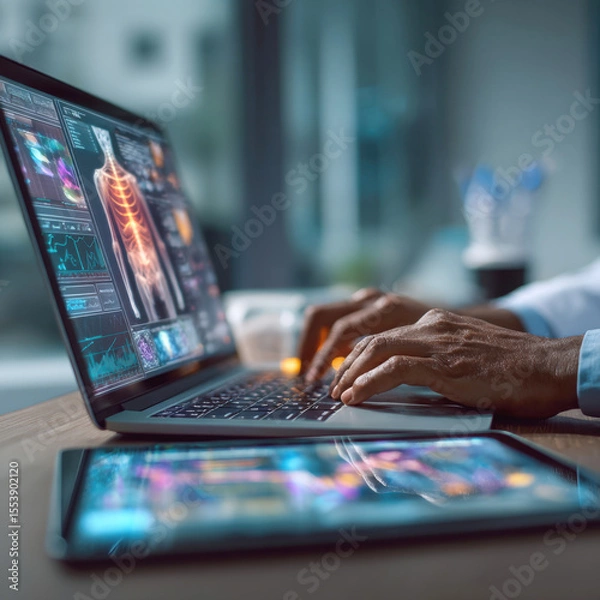 Fototapeta Precision Healthcare Data Analysis Medical Professional Utilizing Laptop and Tablet for Comprehensive Human Anatomy and Diagnostic Review