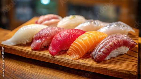 Fototapeta Exquisite Japanese Nigiri Sushi Set A Vibrant Array of Fresh Seafood Delicacies, Artfully Arranged on a Wooden Platter, Showcasing Authentic Asian Cuisine and Culinary Craftsmanship