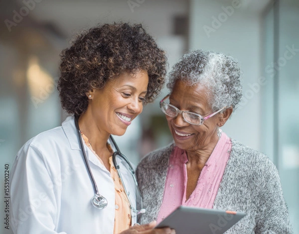 Fototapeta Empathetic Doctor and Senior Patient Reviewing Digital Health Records Together, Fostering Trust and Clear Communication in Healthcare