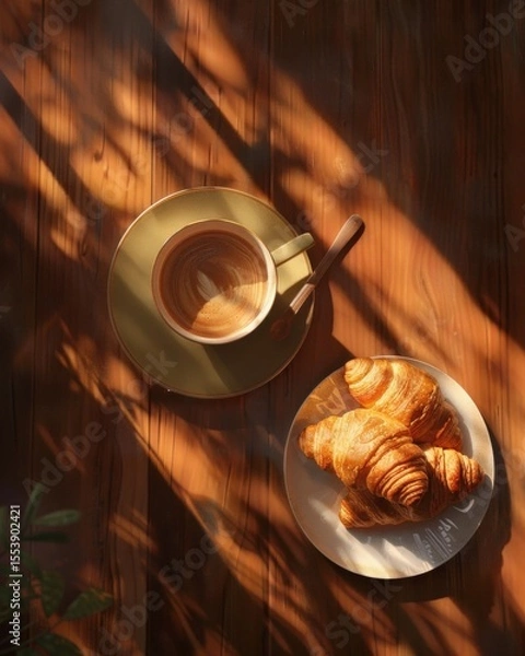 Fototapeta A warm, inviting top-down view of a cup of coffee and freshly baked croissants on a wooden table, bathed in natural sunlight