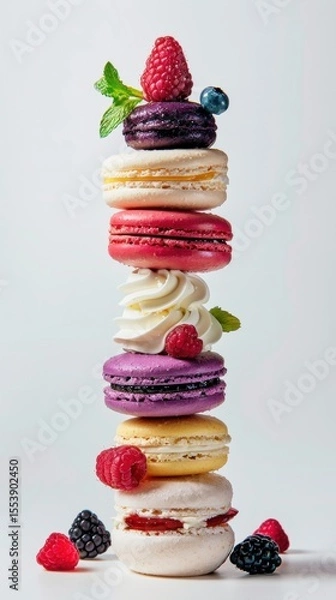 Fototapeta A vibrant stack of colorful macarons, each adorned with fresh berries and mint, creating an inviting dessert display