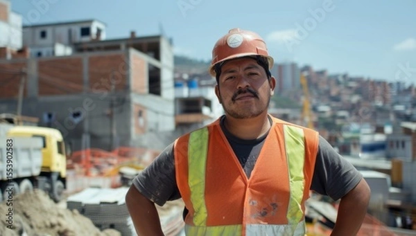 Fototapeta A male construction worker with a mustache, wearing a hard hat and safety vest, stands on a building site against an urban backdrop