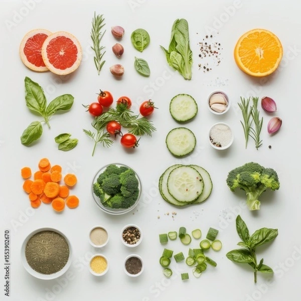 Fototapeta A vibrant overhead flat lay of various fresh vegetables, fruits, herbs, and spices, meticulously arranged on a clean white surface for healthy cooking