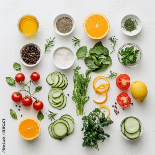 Fototapeta A diverse collection of fresh, vibrant ingredients including vegetables, fruits, herbs, and spices, presented in a clean, organized flat lay
