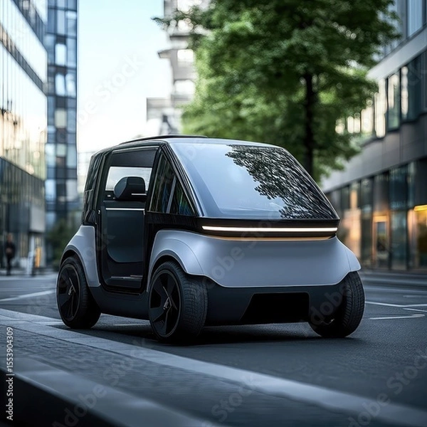 Fototapeta Electric rental vehicle service with app-based booking, solar-powered depots, battery swapping, emissions-free rides, and integration into sustainable smart city systems