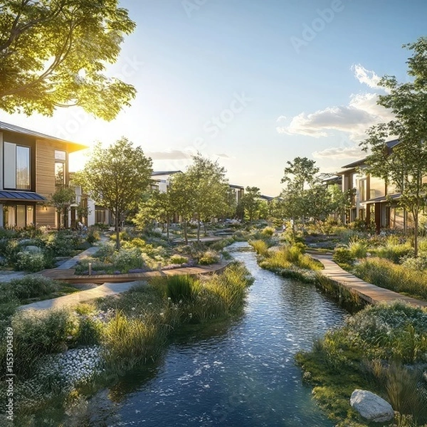 Fototapeta Eco-friendly residential communities built with green materials, energy-efficient designs, renewable energy systems, water conservation programs, and sustainable urban planning practices
