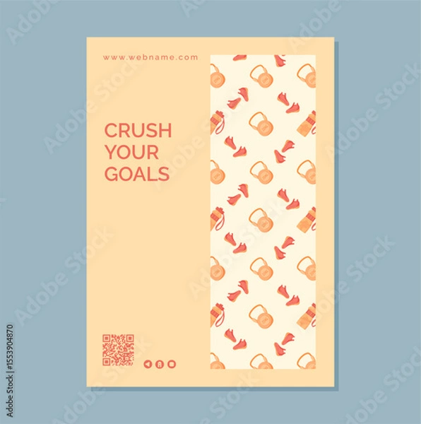 Obraz Dynamic flat banner with sport and gym equipment pattern. Includes kettlebell, dumbbell, and shoes to highlight fitness workout theme. Healthy background for training banner design uses.