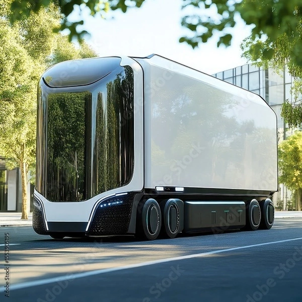 Fototapeta Electric freight vehicle using fast-charge batteries, smart routing software, regenerative braking, lightweight design, and low-noise motors for green urban logistics operations