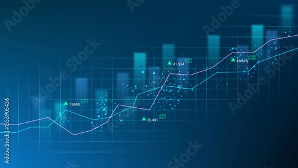 Fototapeta Abstract digital financial chart with line and bar graphs, glowing effects, and data points. Perfect for fintech, analytics, stock market, investment, and economic presentations.