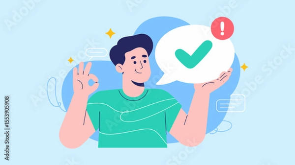Fototapeta happy user holding a notification bubble with a checkmark, vector illustration for successful communication, customer satisfaction and positive feedback
