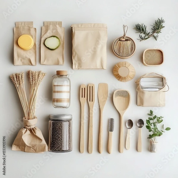 Fototapeta Eco-friendly products and packaging sustainable consumer goods biodegradable packaging reusable products zero waste solutions green products ethical sourcing environmental responsibility