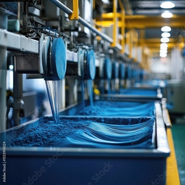 Fototapeta Eco textile manufacturing system showing closed-loop water processes, natural dye vats, low-emission machinery, biodegradable fabrics, and sustainable garment production flow