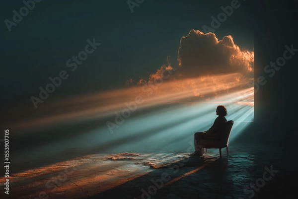 Obraz Person Sitting Alone as Sunlight Streams Through a Cloud-Filled Window in a Dark Room