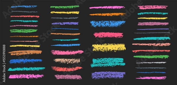 Fototapeta Chalk grunge strokes and borders set. Colorful chalk sketches. Grunge strokes and lines collection. Chalkboard hatches and scribbles.
