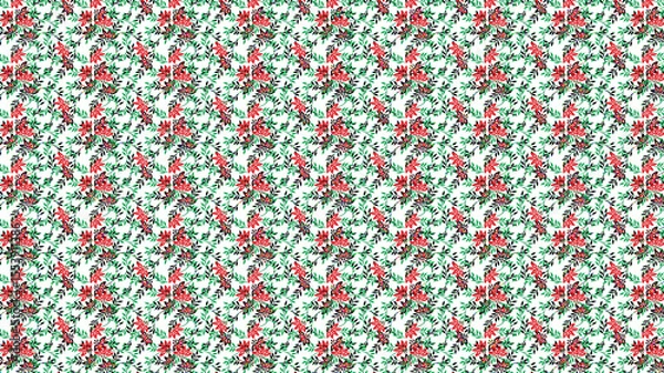 Fototapeta Vibrant red and black floral pattern with green leaves on white background