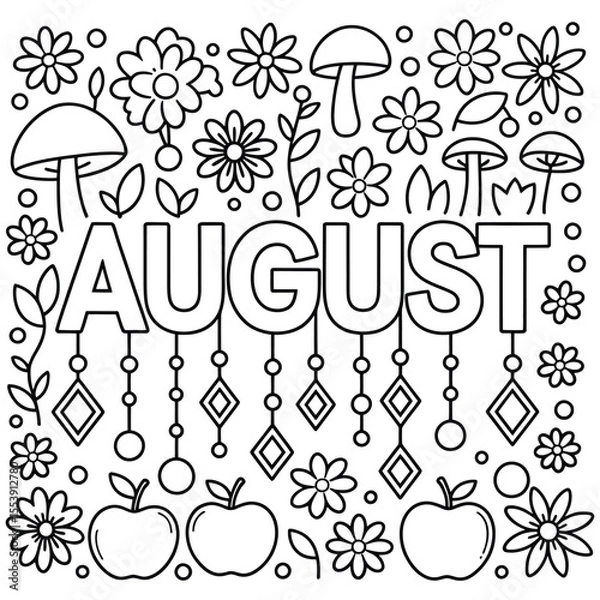 Fototapeta August Month Coloring Page Outline with Flowers Mushrooms Apples Decorative Elements