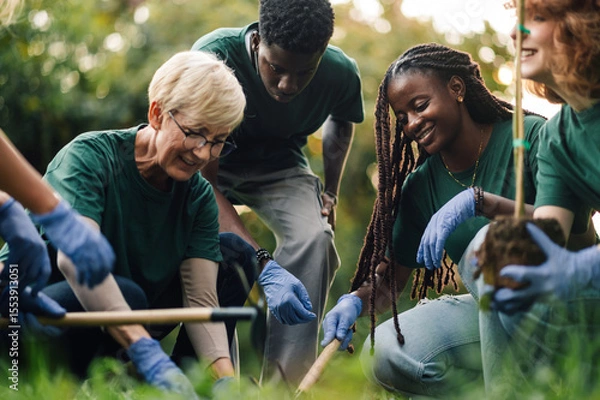 Fototapeta Group of volunteers planting trees in the park
