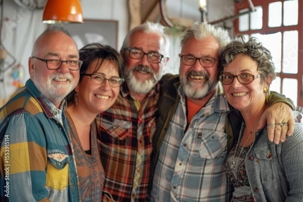Fototapeta Group of happy senior friends in casual clothes smiling and looking at camera