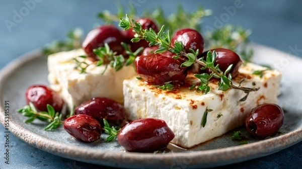 Fototapeta Delicious feta cheese garnished with fresh herbs and olives on a rustic plate, representing culinary delight and the joy of sharing exquisite flavors with friends.