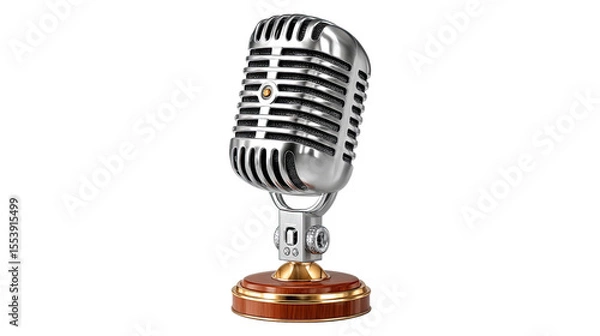 Fototapeta Vintage Microphone on Display: A classic silver microphone, standing tall with its elegant design, evokes the golden age of broadcasting. The studio microphone is showcased against a clean backdrop. 