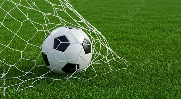 Fototapeta Soccer ball in net, vibrant green grass, white net texture, bright lighting, sports theme.
