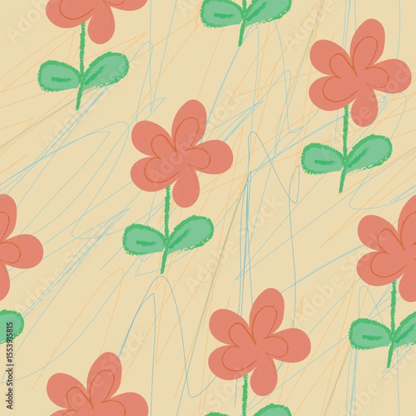 Fototapeta Playful seamless floral pattern with hand-drawn orange flowers, green leaves, and light blue scribbles on a beige background. Great for children’s products, stationery, gift wrap, or spring-thems