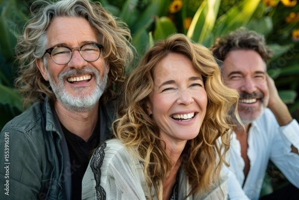 Fototapeta Portrait of happy senior couple smiling at the camera with their friends in the background