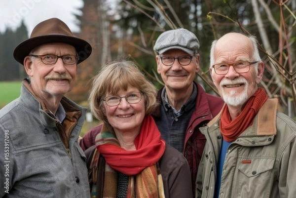 Fototapeta Group of senior friends in the park, smiling and looking at camera
