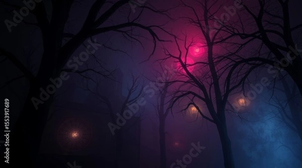 Fototapeta Mystical Forest at Night: A captivating view of a spooky, illuminated forest at night, casting an air of mystery. The darkness is highlighted with various color lighting effects.