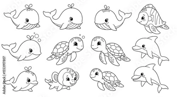 Fototapeta Collection of cute cartoon marine animals isolated on transparent background