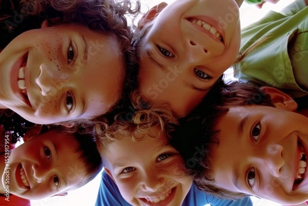 Fototapeta Group of children smiling and looking at the camera in a low angle view
