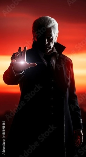 Fototapeta A silhouette of an older man in a dark coat, set against a fiery red and orange sky. Hes extending his hand, with a bright light emanating from his palm.
