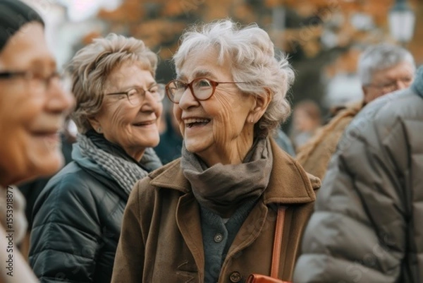 Fototapeta Portrait of a smiling senior woman with glasses in the city.