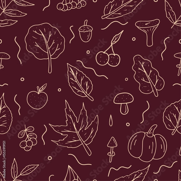 Fototapeta Doodle duochrome autumn seamless pattern with fall leaves, fruits, pumpkins and mushrooms. Template for textiles, packaging and cards.