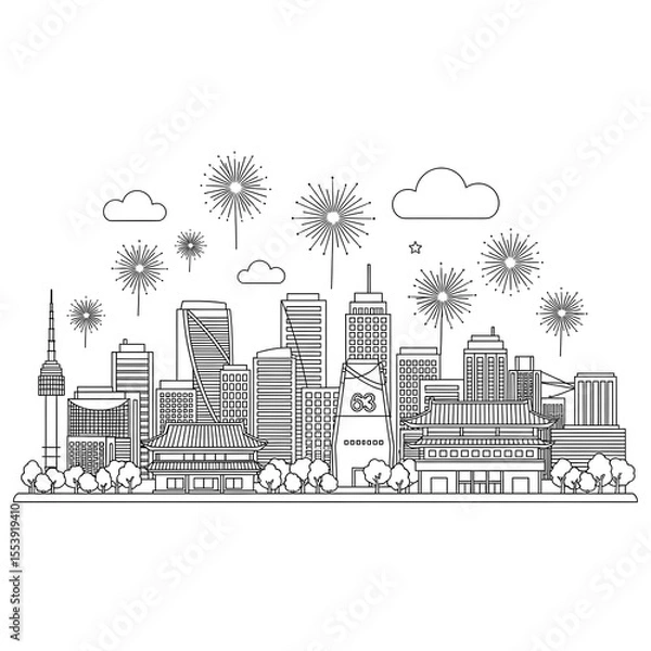 Fototapeta Korean cityscape with traditional buildings and modern skyscrapers isolated on transparent background