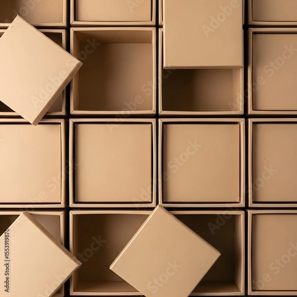 Fototapeta Kraft paper box grid pattern, blank packaging mockup background, brown cardboard squares, abstract geometric layout