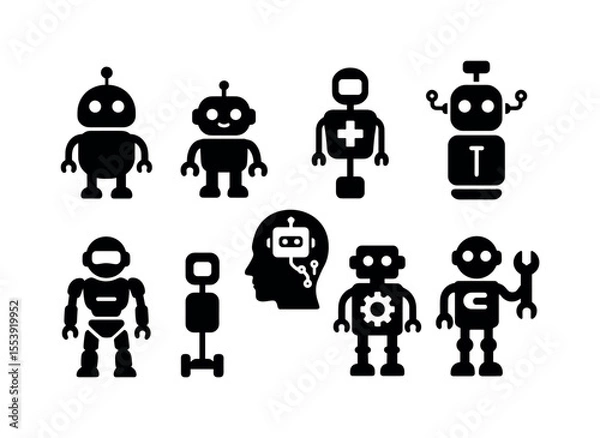 Fototapeta Robot solid icon set. ai, machine learning icons in a solid collection
