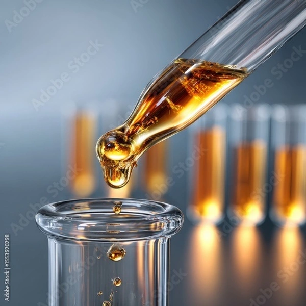 Fototapeta Golden Drops of Innovation: Precise Liquid Transfer in Laboratory, Symbolizing Scientific Research and Pharmaceutical Development