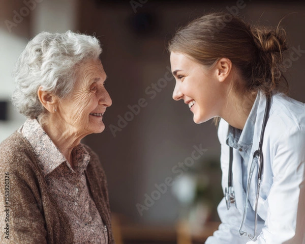 Fototapeta Compassionate Healthcare Professional Connecting with Smiling Senior, Fostering Trust and Providing Person-Centered Elderly Care